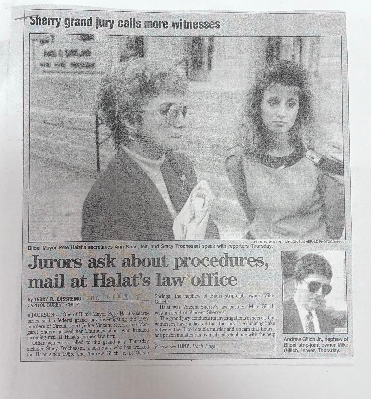 Newspaper clipping: Andrew Gillich Jr. leaves federal grand jury investigating Sherry murders, November 1990