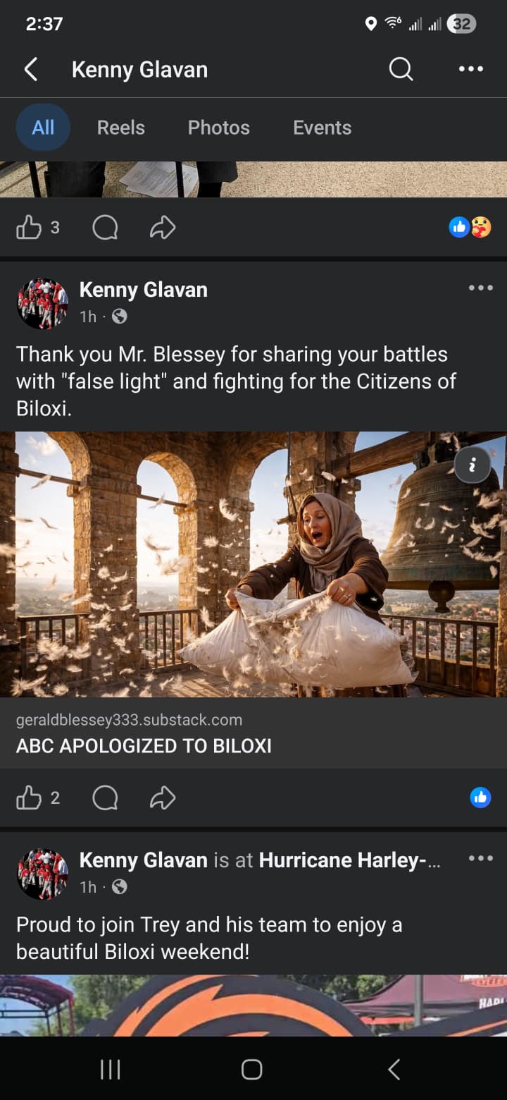 Kenny Glavan Facebook post thanking Gerald Blessey for sharing battles with false light