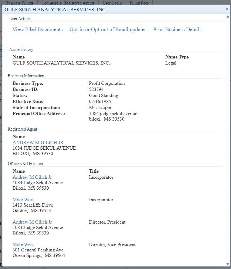 Gulf South Analytical Services Inc - Mississippi Secretary of State filing showing Andrew M Gilich Jr and Mike West
