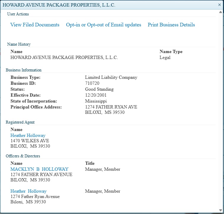 Property records showing Estate of Holloway owns property on Saint Peter Street