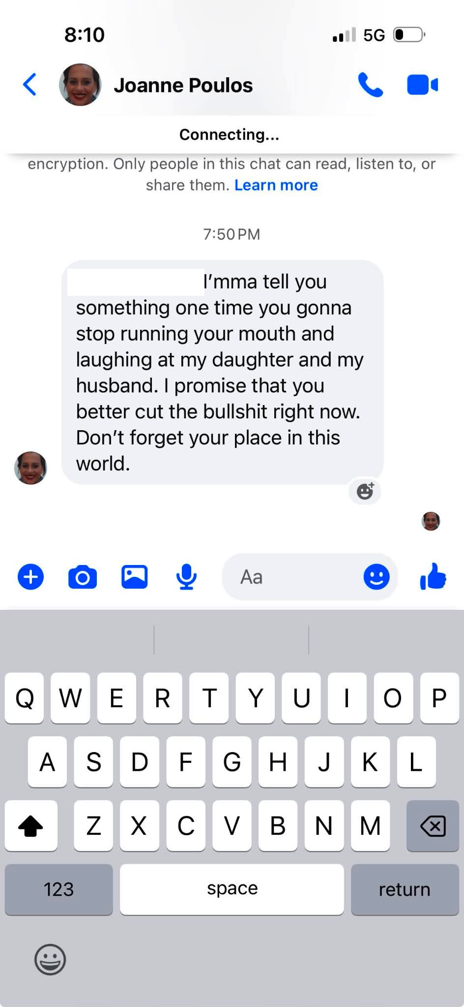 Facebook Messenger screenshot — Joanne Poulos message 'Don't forget your place in this world'