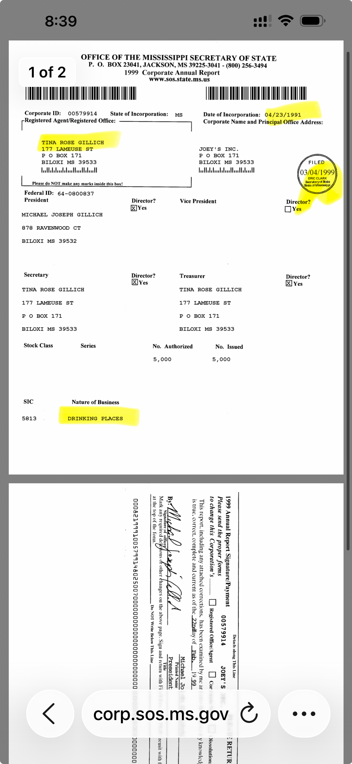 JOEY'S, INC. - 1999 Corporate Annual Report showing Tina Rose Gillich and Michael Joseph Gillich