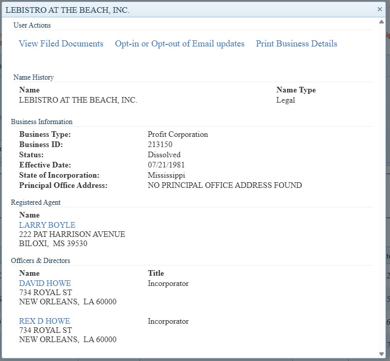 LEBISTRO AT THE BEACH, INC. - Mississippi Secretary of State record, July 21, 1981