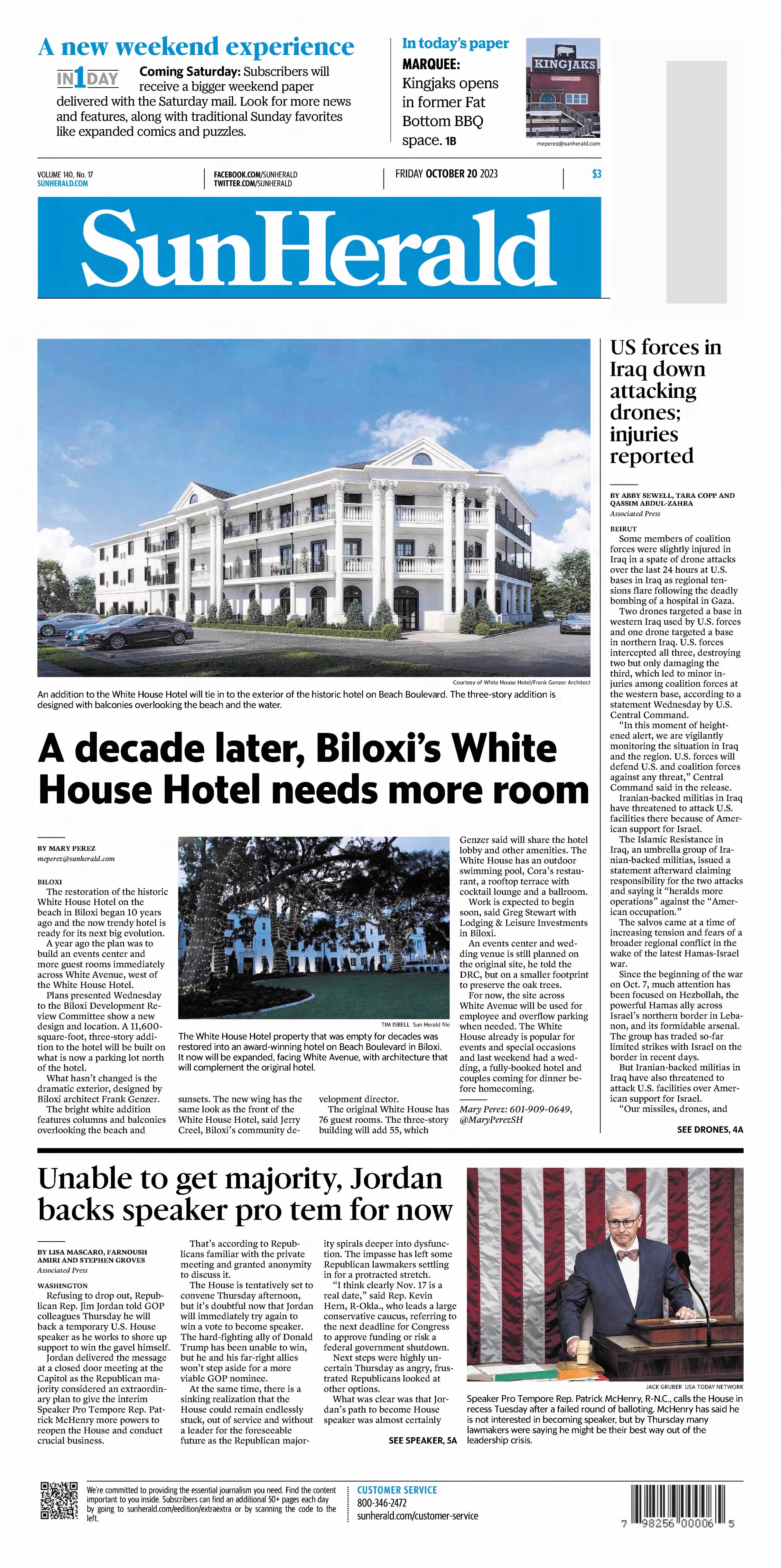 Sun Herald front page October 20, 2023: White House Hotel expansion, Jerry Creel quoted approving