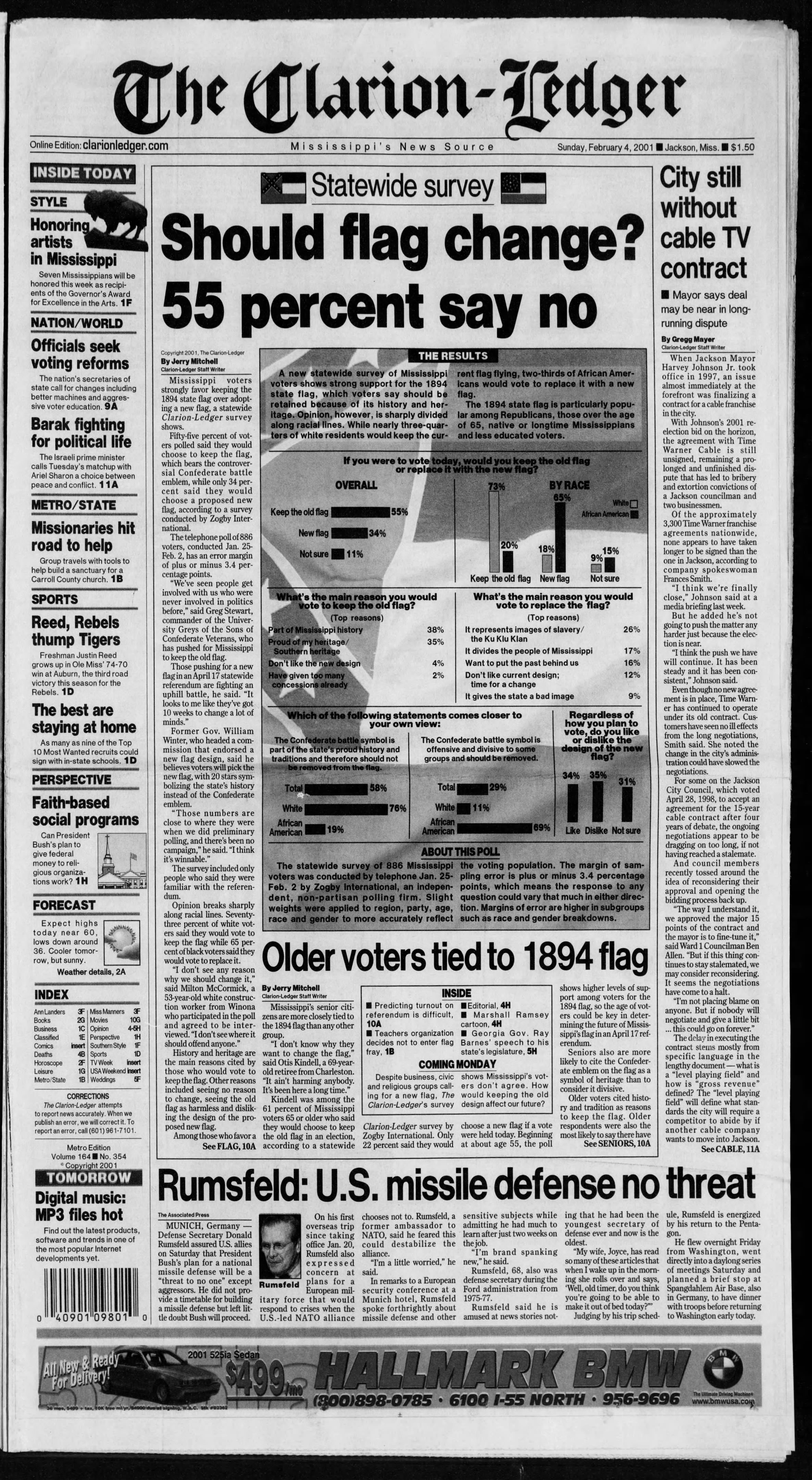 Clarion-Ledger front page, February 4, 2001: Greg Stewart, commander of the University City Greys of the Sons of Confederate Veterans