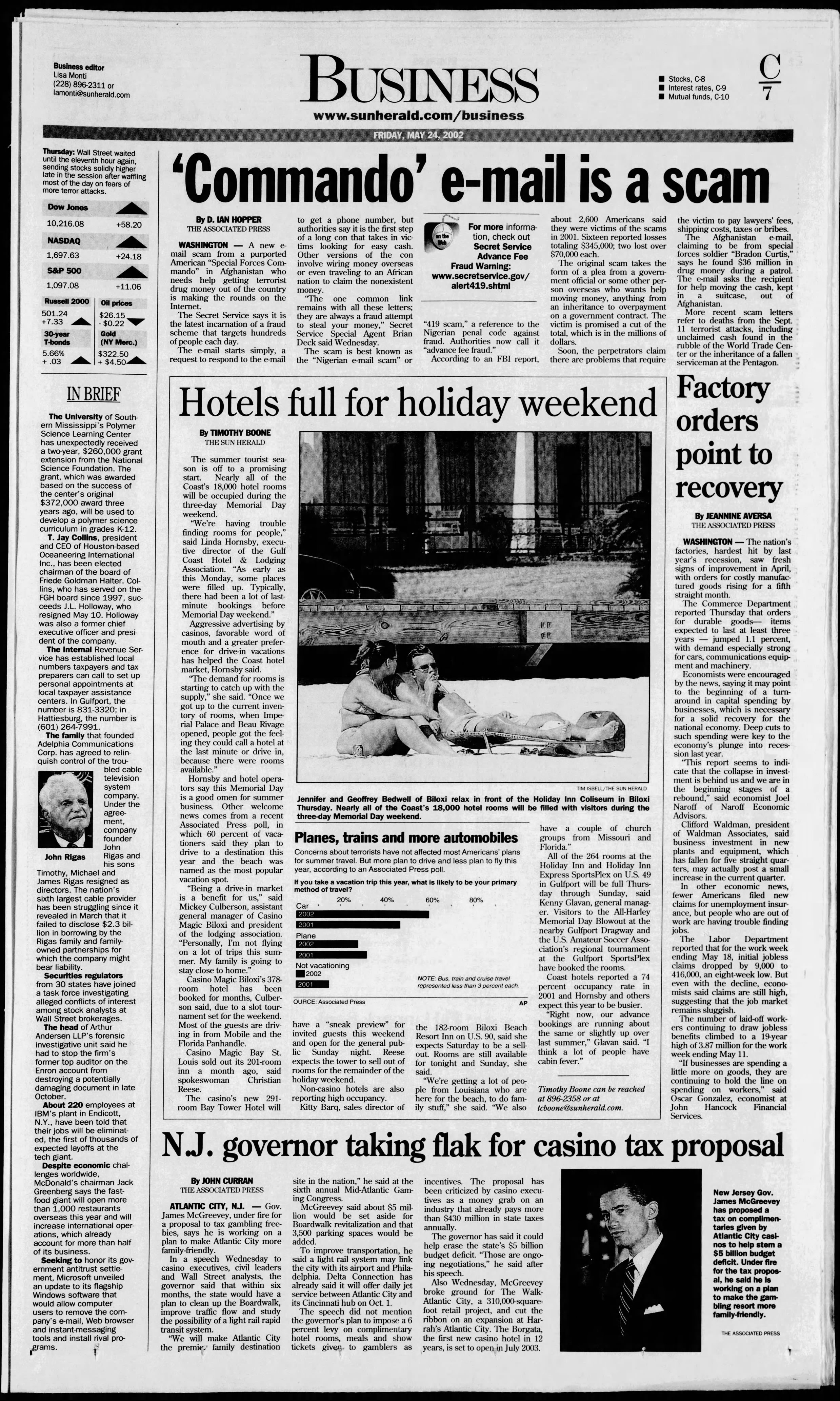 Sun Herald May 24, 2002: Coast hotels full for Memorial Day weekend — Linda Hornsby executive director, Glavan assistant GM Casino Magic Biloxi