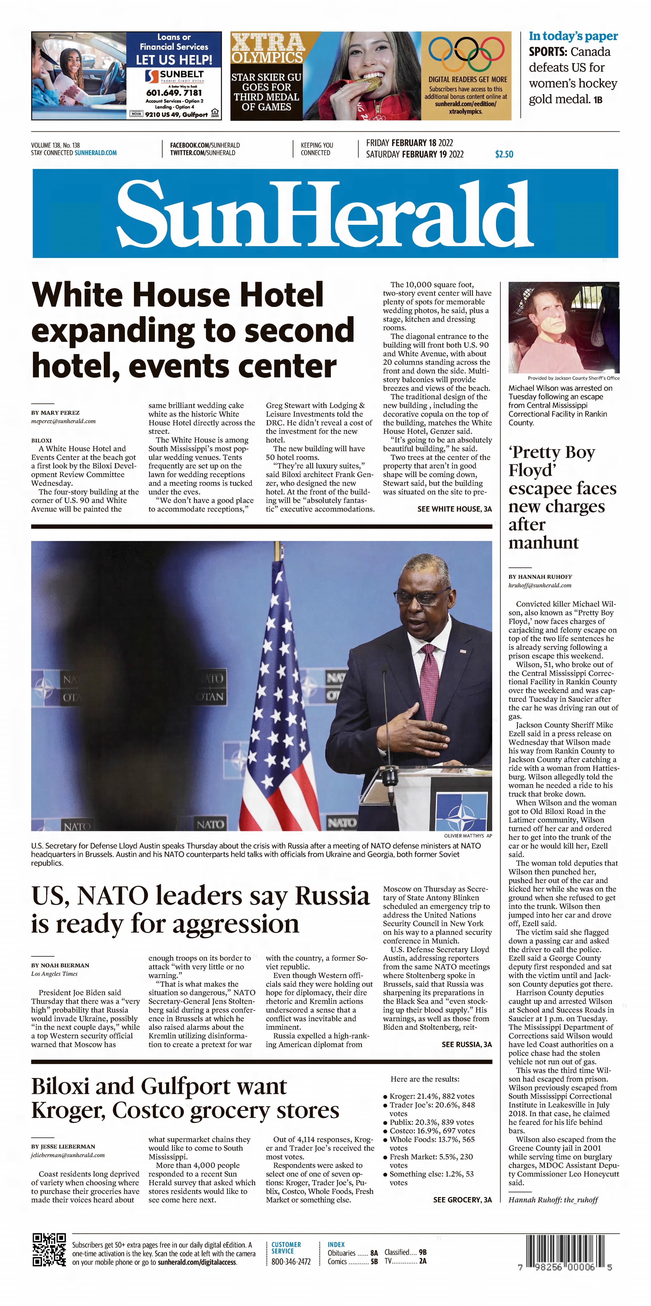 Sun Herald front page February 18, 2022: White House Hotel expanding, Greg Stewart with Lodging & Leisure Investments told the DRC