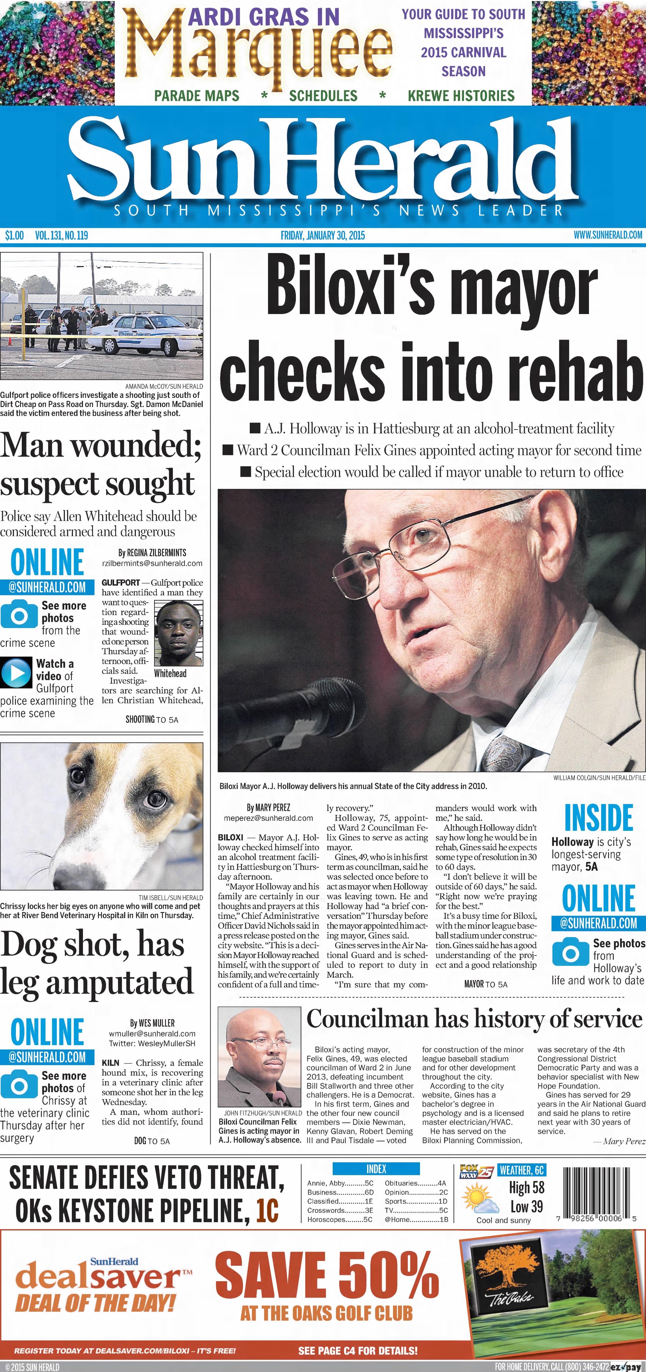 Sun Herald front page: Biloxi's mayor checks into rehab, with sidebar: Councilman has history of service
