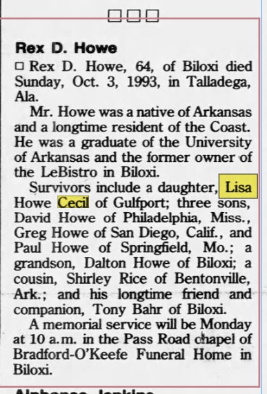 Rex D. Howe obituary, October 1993