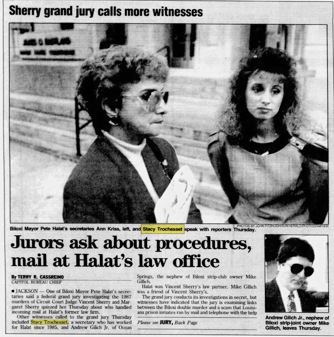 1987 Sun Herald clipping: 'Jurors ask about procedures, mail at Halat's law office' — showing Biloxi Mayor Pete Halat's secretaries Ann Kriss and Stacy Trochesset speaking with reporters, plus Andrew Gilich Jr., nephew of Biloxi strip-joint owner Mike Gillich