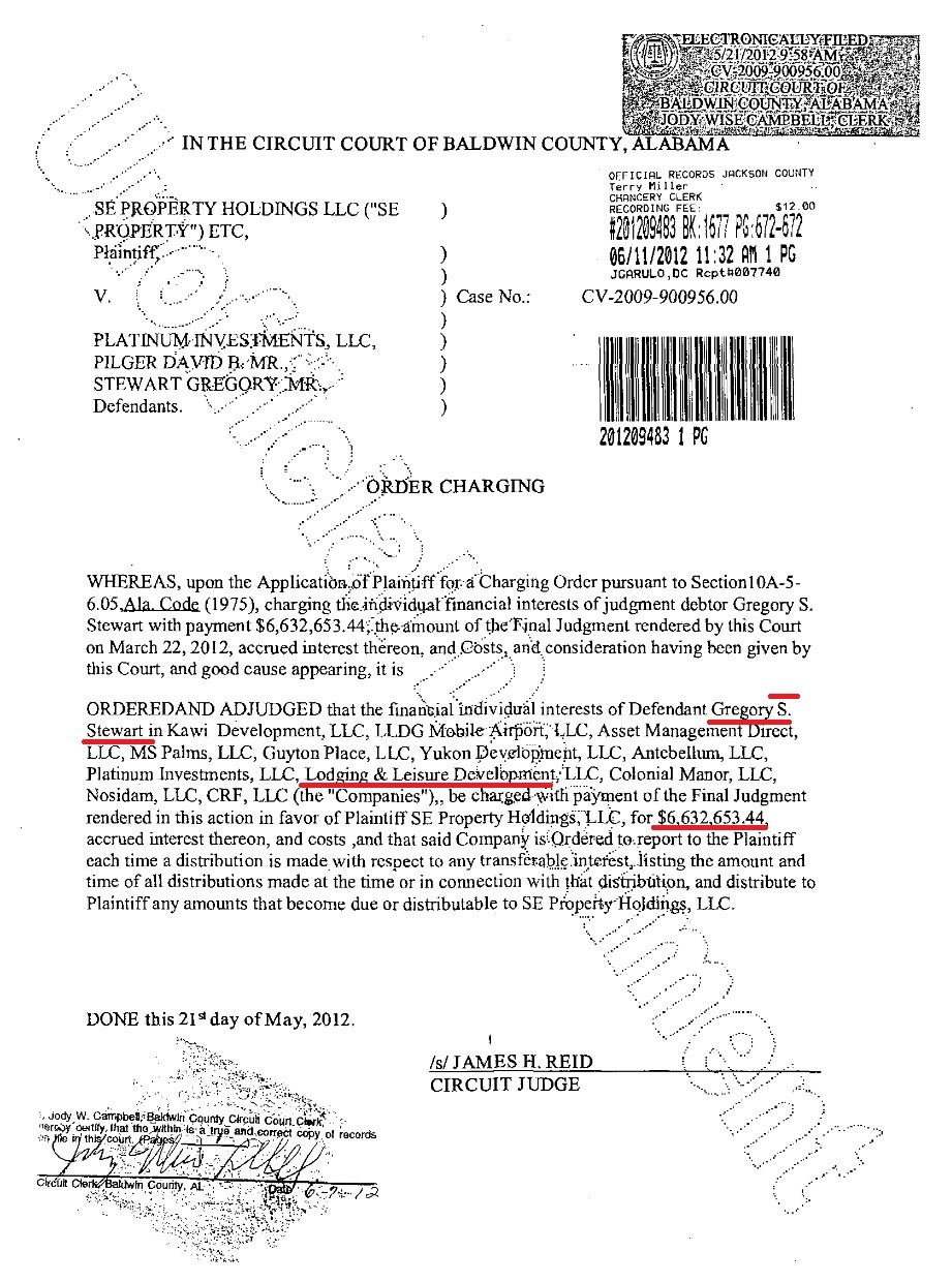 Baldwin County Alabama Charging Order — Gregory Stewart, judgment debtor, Lodging & Leisure Development LLC